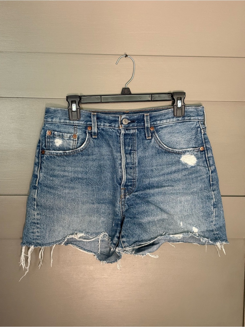 Levi's 501 Women’s Button Fly Cut Offs Distressed Light Blue Denim Shorts